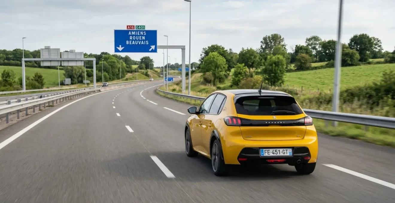 Peugeot 208 GT circulant sur autoroute française dégagée, panneaux directionnels en arrière-plan, ciel nuageux lumière douce, voie de droite fluide sans trafic dense