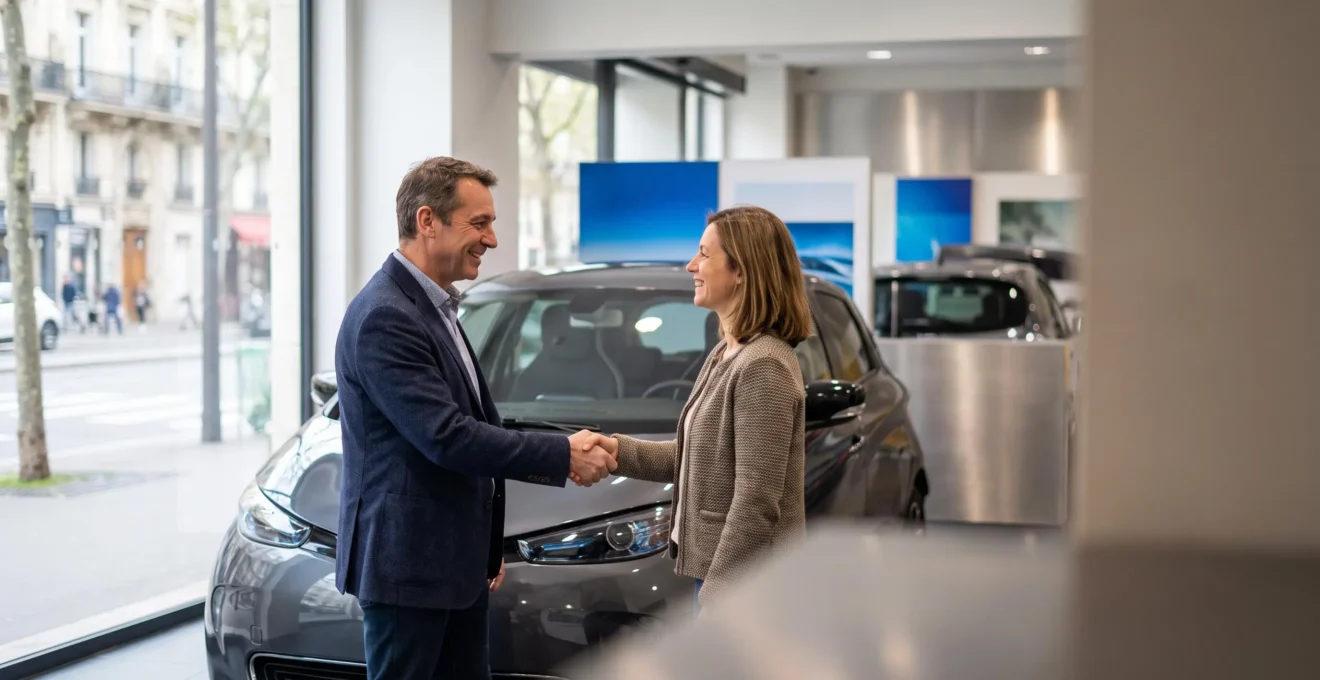 Client et vendeur automobile se serrant la main devant une voiture neuve dans un showroom français, symbolisant un accord de négociation réussi