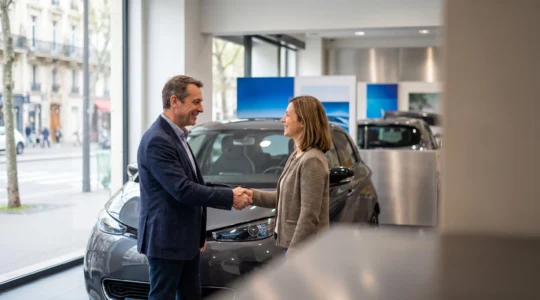 Client et vendeur automobile se serrant la main devant une voiture neuve dans un showroom français, symbolisant un accord de négociation réussi