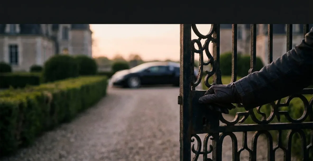 Portail en fer forgé entrouvert laissant entrevoir la silhouette d'une voiture de collection dans une propriété française, symbole des cercles fermés de l'automobile exclusive