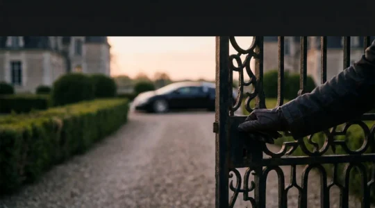 Portail en fer forgé entrouvert laissant entrevoir la silhouette d'une voiture de collection dans une propriété française, symbole des cercles fermés de l'automobile exclusive