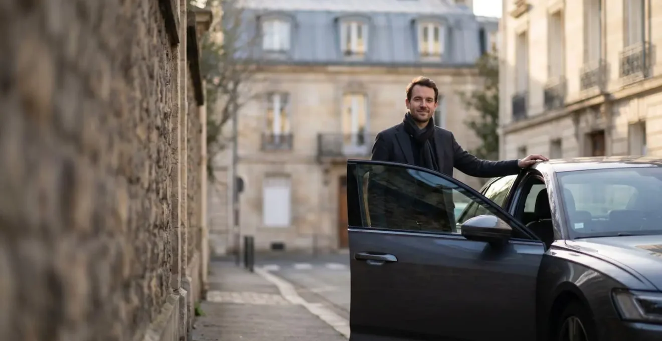 Automobiliste français vérifiant sereinement son contrat d'assurance auto à côté de sa voiture, symbolisant une protection légale sans surcoût