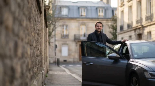 Automobiliste français vérifiant sereinement son contrat d'assurance auto à côté de sa voiture, symbolisant une protection légale sans surcoût