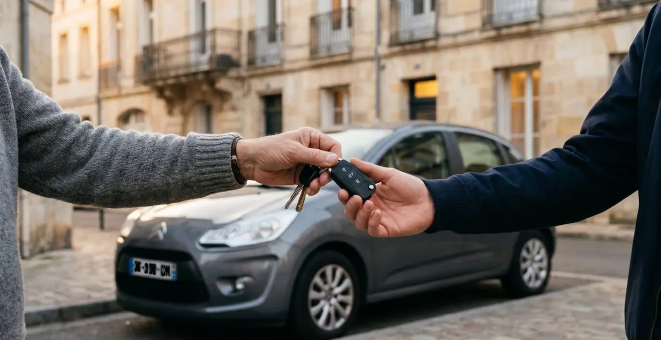 Jeune conducteur recevant les clés de sa première voiture d'occasion dans une rue résidentielle française, moment de confiance entre acheteur et vendeur