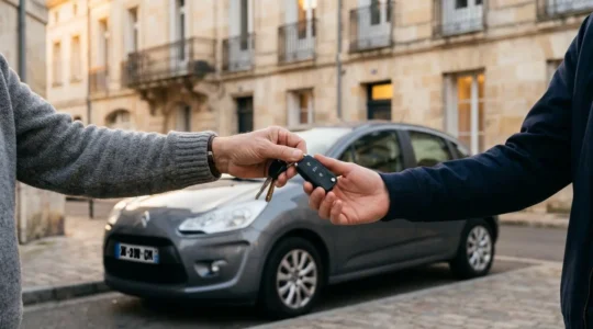 Jeune conducteur recevant les clés de sa première voiture d'occasion dans une rue résidentielle française, moment de confiance entre acheteur et vendeur