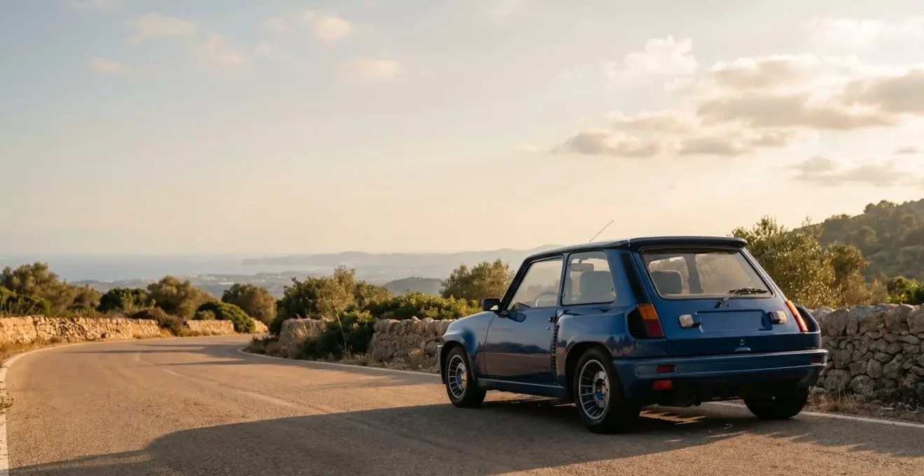 Renault 5 Turbo jaune vue de trois quarts arrière sur une route de montagne sinueuse évoquant le Tour de Corse