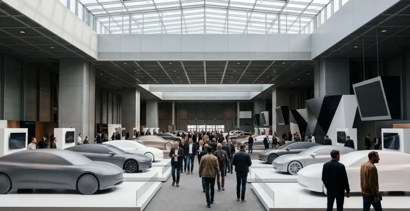 Vue panoramique du salon automobile de Genève avec rangées de voitures exposées et visiteurs circulant entre les stands