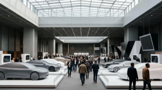 Vue panoramique du salon automobile de Genève avec rangées de voitures exposées et visiteurs circulant entre les stands