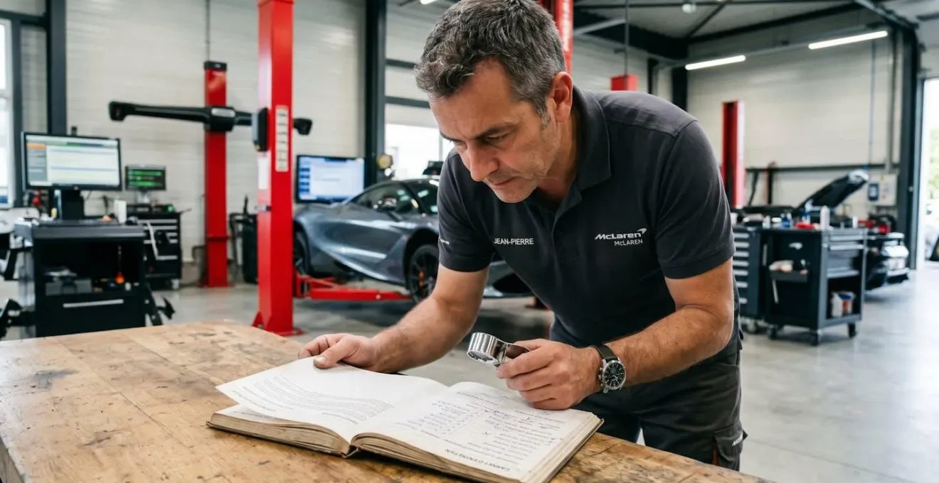 Technicien automobile certifié McLaren examinant attentivement un carnet d'entretien avec une loupe de précision, dans un atelier de centre agréé avec équipements de diagnostic en arrière-plan