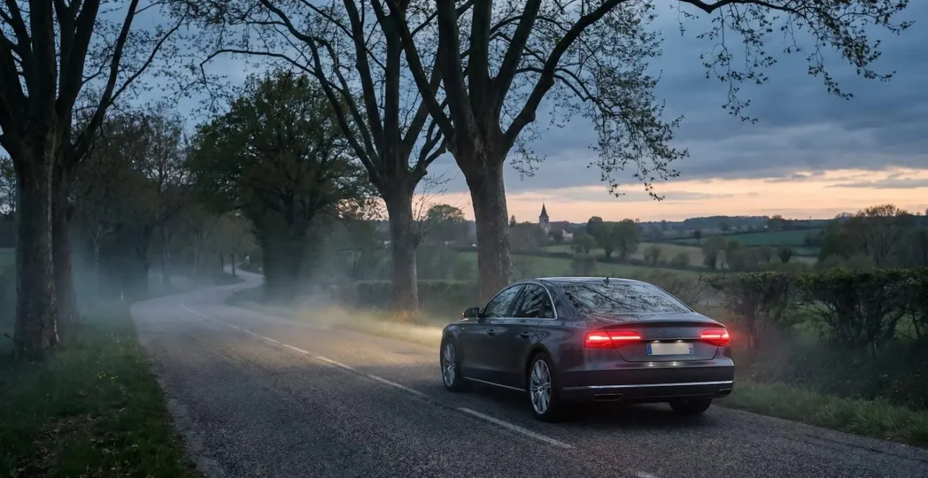 Voiture moderne roulant sur une route française au crépuscule, symbolisant les technologies de sécurité automobile