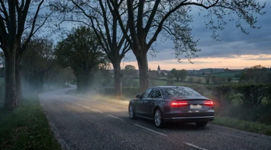 Voiture moderne roulant sur une route française au crépuscule, symbolisant les technologies de sécurité automobile