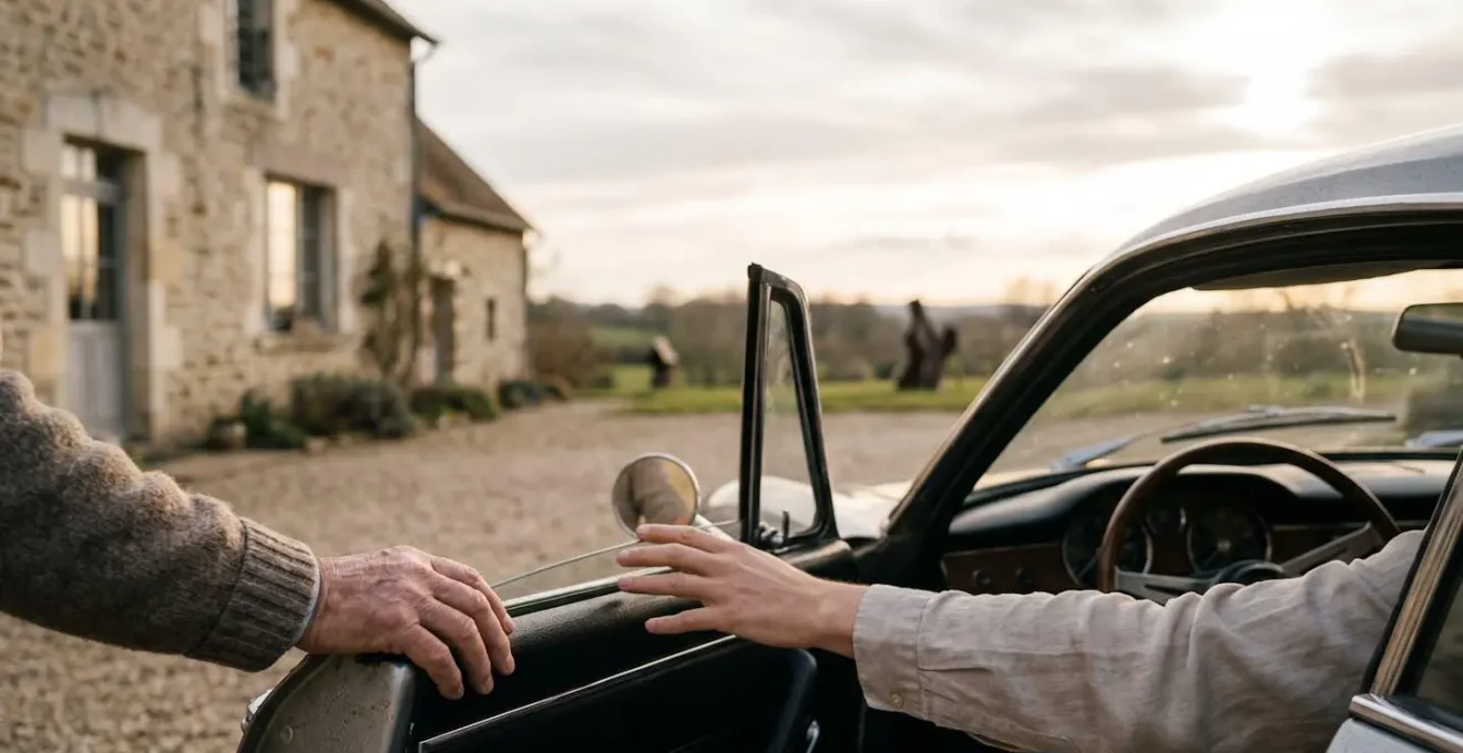 Voiture de collection française garée devant une demeure de campagne, symbole de patrimoine transmis de génération en génération