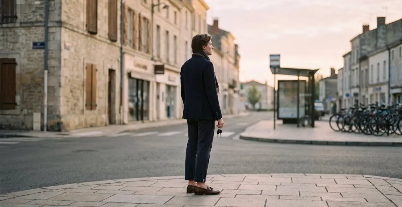 Une personne face à une intersection de rue française, symbolisant la reorganisation de sa mobilite quotidienne apres un retrait de permis.