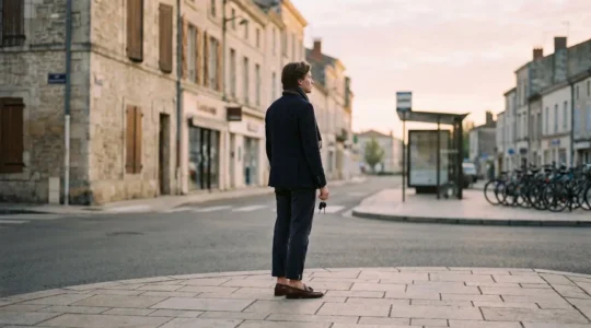 Une personne face à une intersection de rue française, symbolisant la reorganisation de sa mobilite quotidienne apres un retrait de permis.