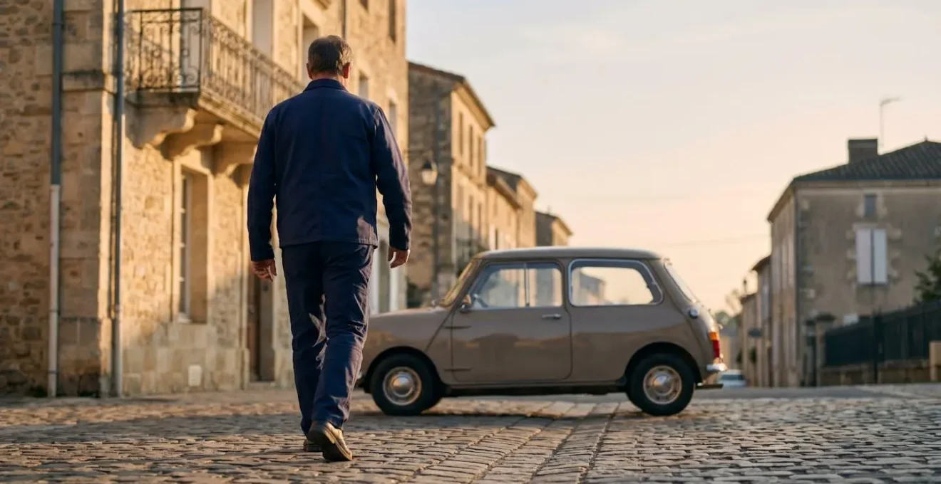 Personne montant dans une voiture sans permis compacte garee dans une rue pavee d'un village francais au lever du jour, symbole de mobilite retrouvee