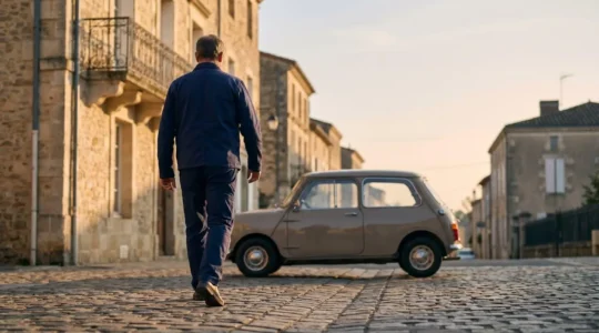 Personne montant dans une voiture sans permis compacte garee dans une rue pavee d'un village francais au lever du jour, symbole de mobilite retrouvee