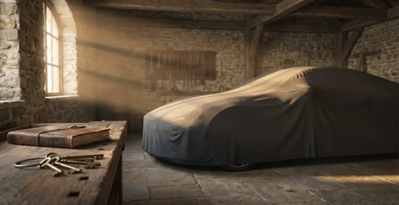 Silhouette d'une voiture de sport sous une housse de protection dans un garage privé cossu à la française, symbole d'un futur investissement automobile