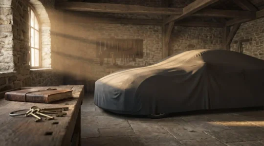 Silhouette d'une voiture de sport sous une housse de protection dans un garage privé cossu à la française, symbole d'un futur investissement automobile