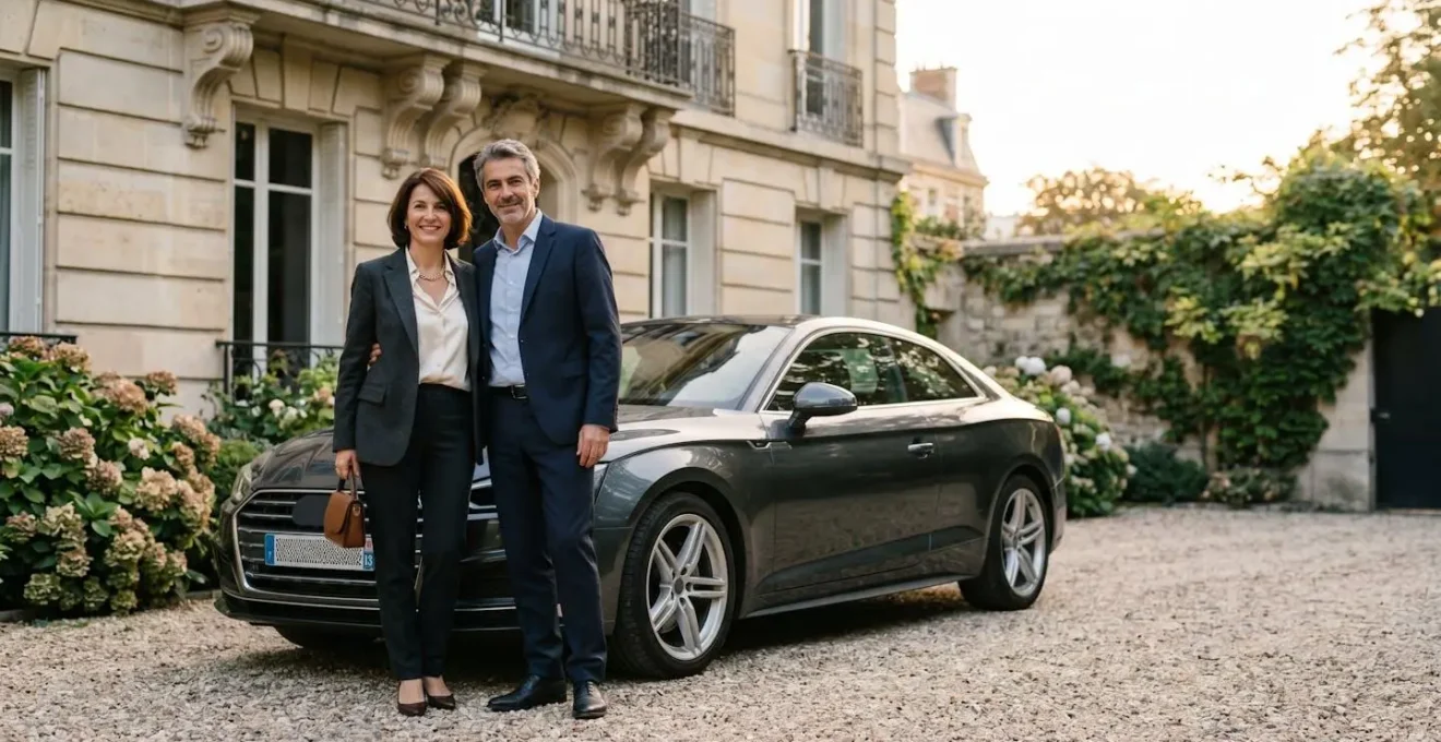 Berline premium d'occasion garée devant une maison bourgeoise française, symbolisant la maîtrise des coûts de propriété d'un véhicule de luxe