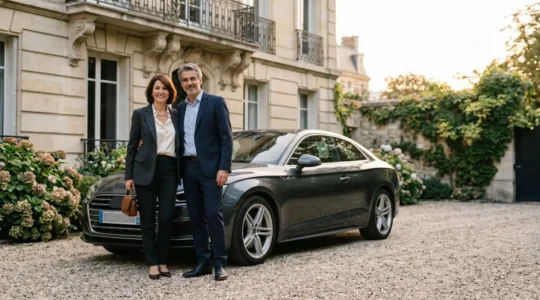 Berline premium d'occasion garée devant une maison bourgeoise française, symbolisant la maîtrise des coûts de propriété d'un véhicule de luxe