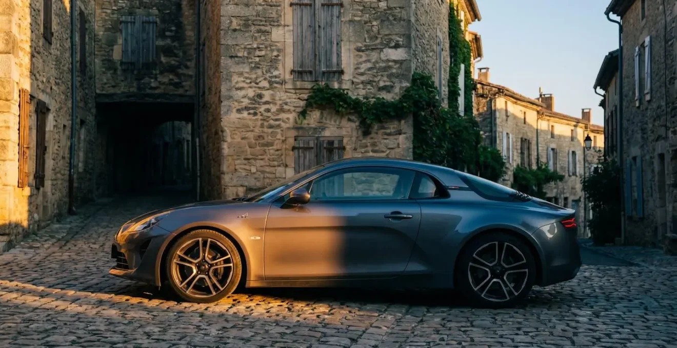 Une voiture de sport moderne garée au crépuscule dans une rue pavée française, suggérant son futur statut de collection