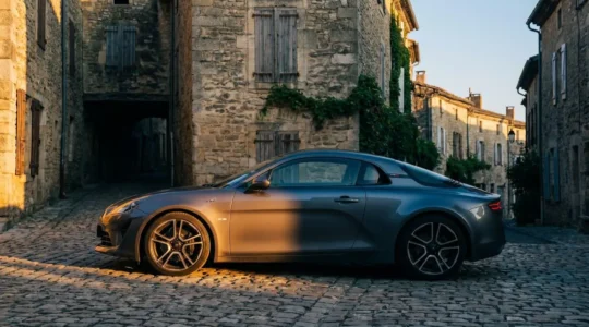 Une voiture de sport moderne garée au crépuscule dans une rue pavée française, suggérant son futur statut de collection