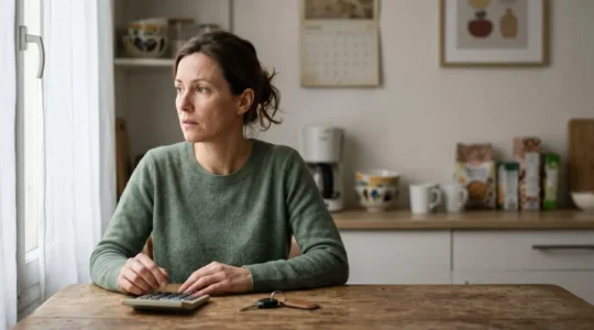 Personne calculant le budget mensuel réel d'une voiture à table avec des clés de voiture et une calculatrice, intérieur français