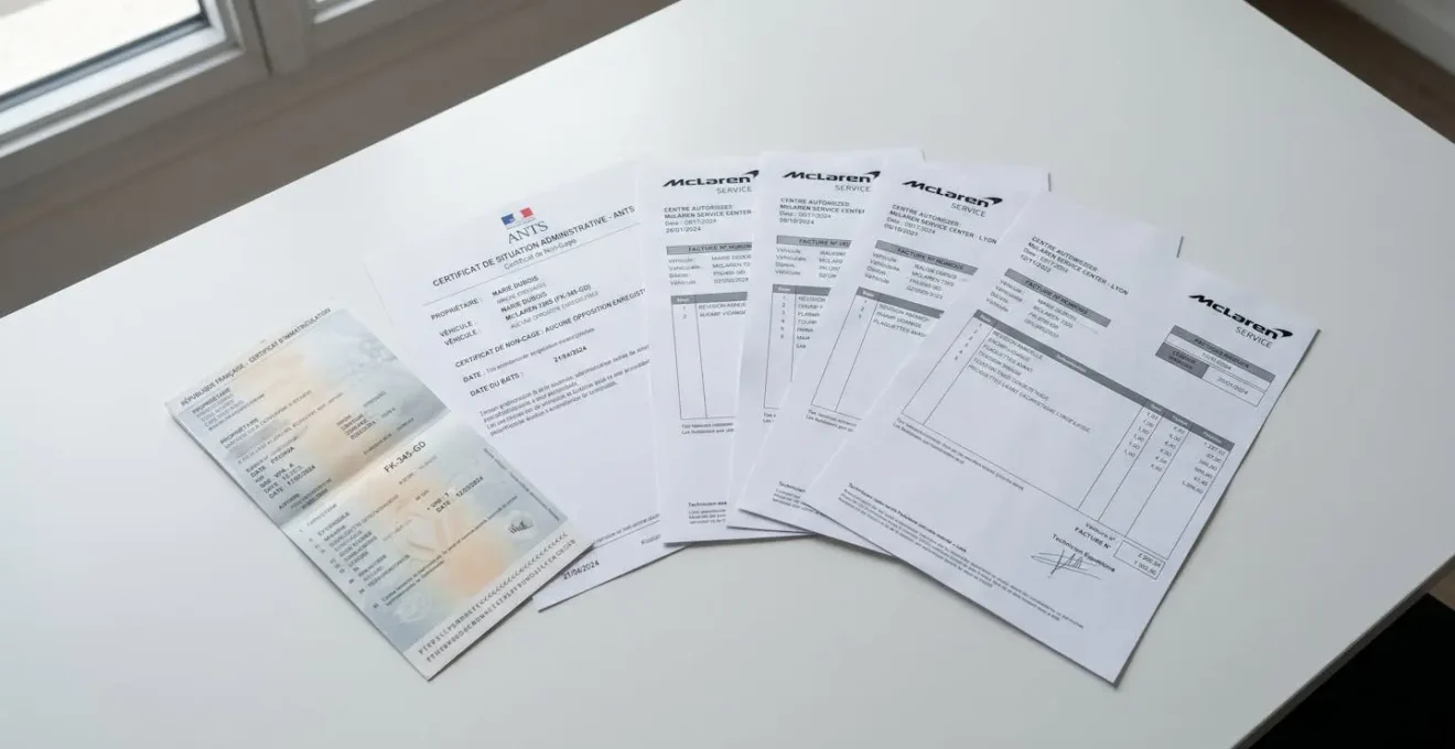 Vue en plongée de documents officiels automobiles français organisés sur un bureau : carte grise, certificat de non-gage ANTS et factures de révision McLaren de centres agréés