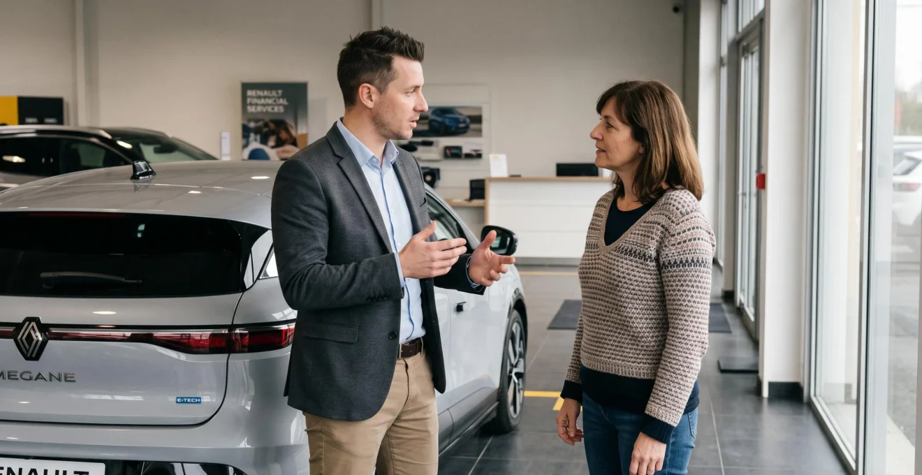Conseiller commercial discutant avec un client debout dans l'espace conseil d'une concession automobile