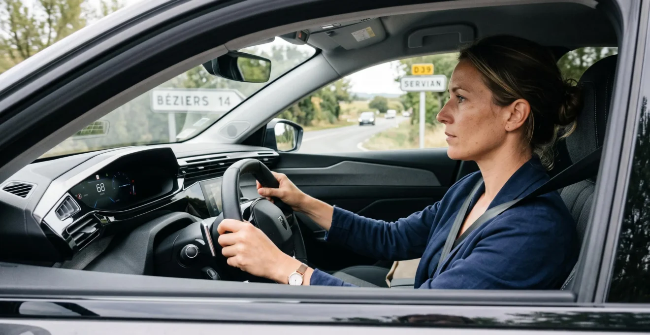 Conducteur testant un véhicule neuf lors d'un essai routier, concentré sur la conduite avec les mains sur le volant