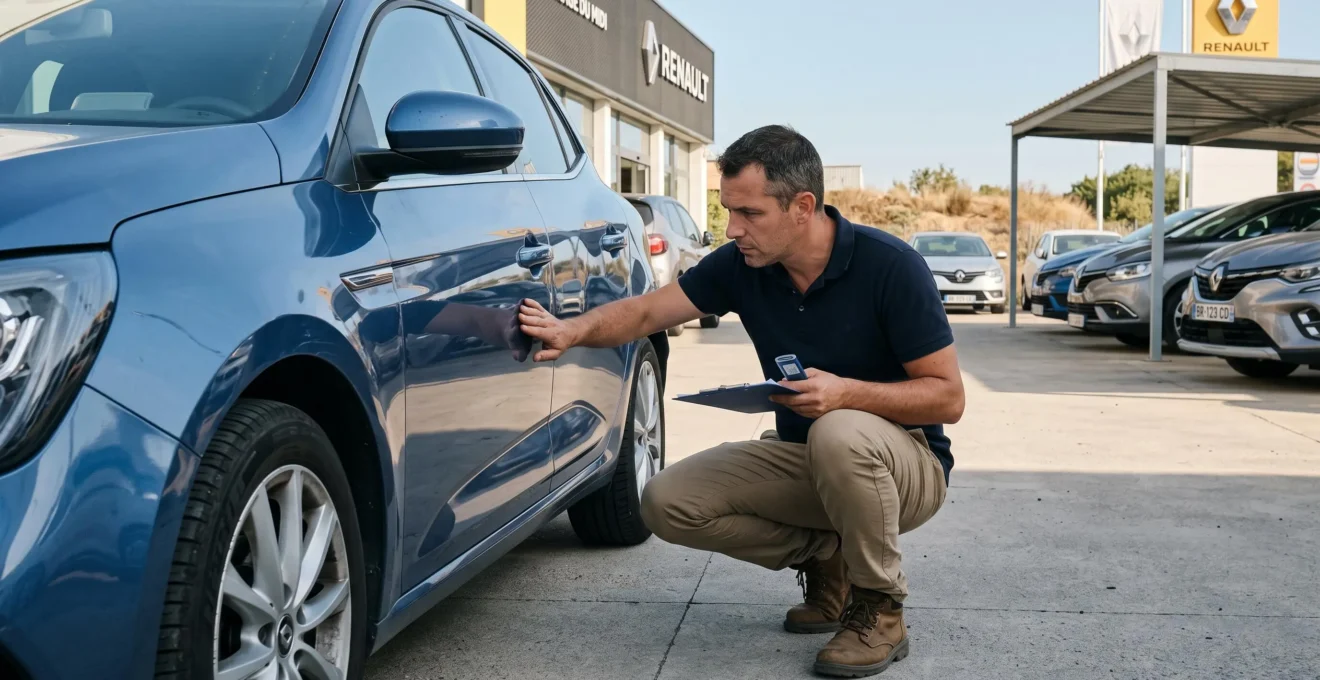 Expert automobile inspectant minutieusement la carrosserie d'un véhicule d'occasion lors d'une évaluation de reprise en concession