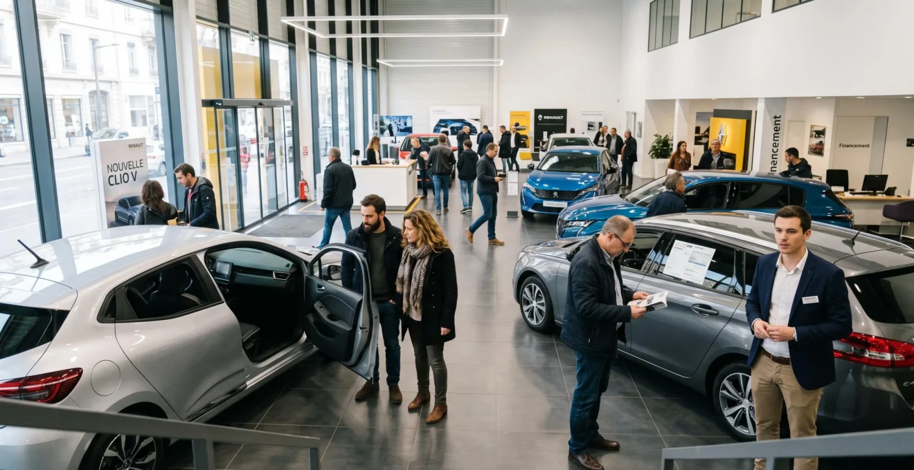 Showroom de concession automobile moderne pendant des portes ouvertes avec visiteurs examinant les véhicules neufs exposés