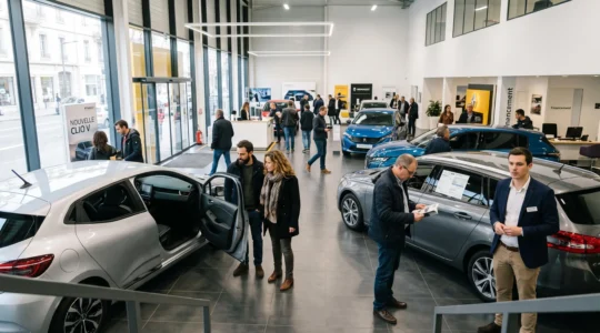 Showroom de concession automobile moderne pendant des portes ouvertes avec visiteurs examinant les véhicules neufs exposés